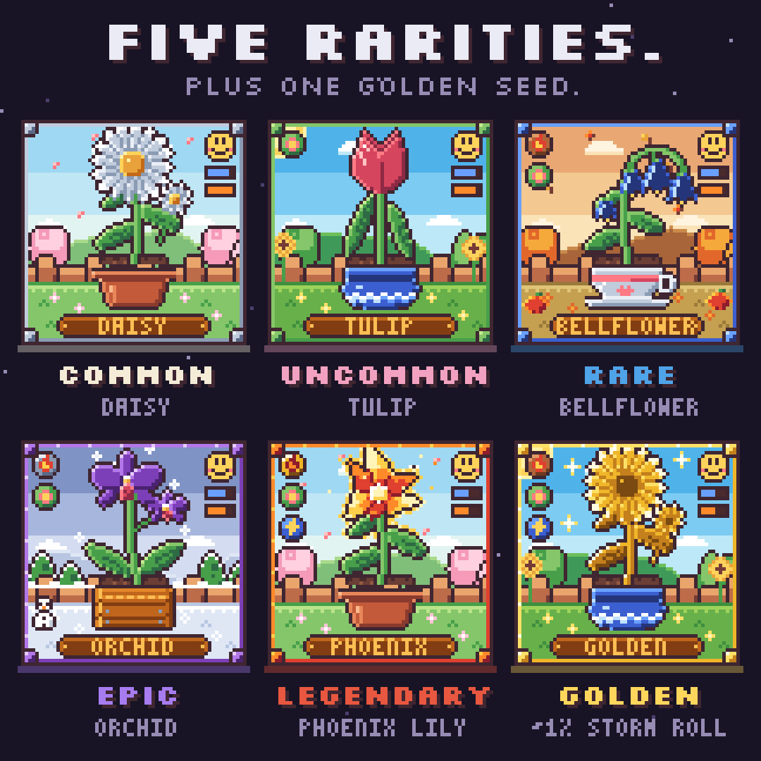 Five rarities plus one Golden Seed: common daisy, uncommon tulip, rare bellflower, epic orchid, legendary phoenix lily, and golden.